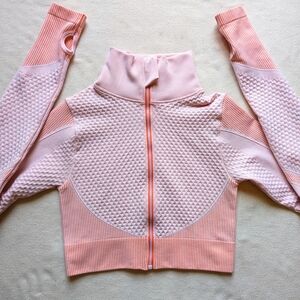 Women's Small Workout Crop Top Full Zip Pink and Coral Textured Zip-Up High Neck